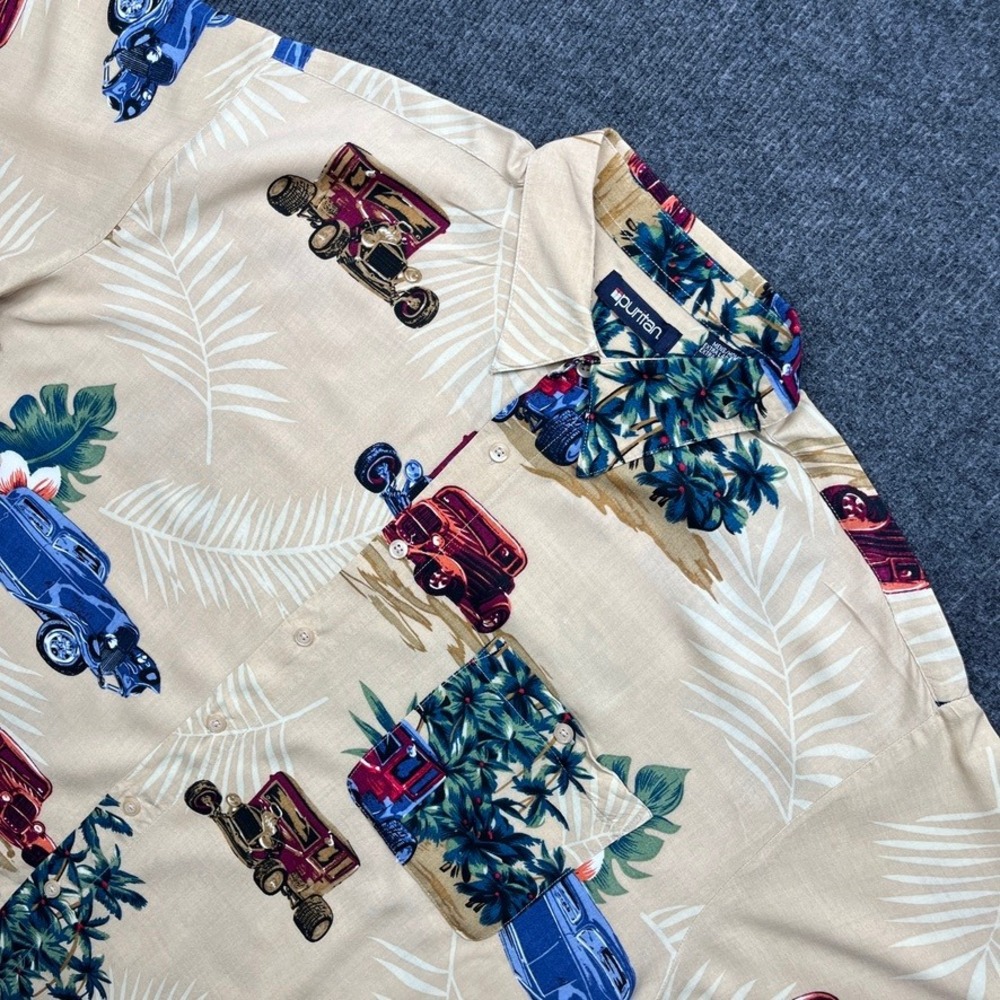 Puritan Mens XL Tan Hot Rod Classic Car Tropical Rayon Hawaiian Shirt Y2K VTG